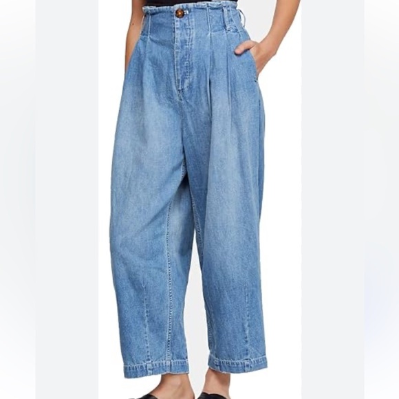 NWT Free People Paperbag Baggy Barrel Leg Linen Blend Cropped Jeans Womens 12 - Picture 12 of 12